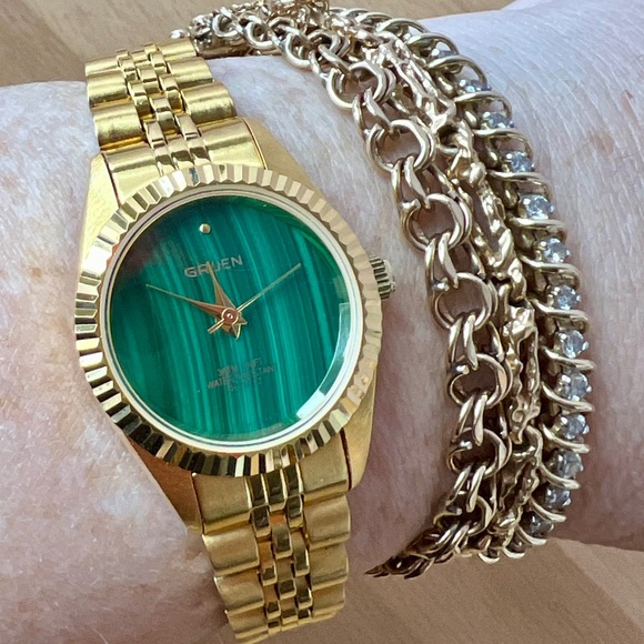VINTAGE RARE GRUEN MALACHITE GREEN FACE GOLDTONE METAL DEPLOYMENT BAND WORKING main image 10